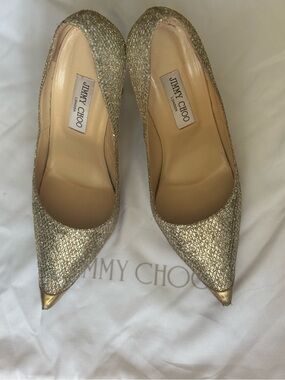 Jimmy Choo Gold Glitter Pointed Toe Pumps